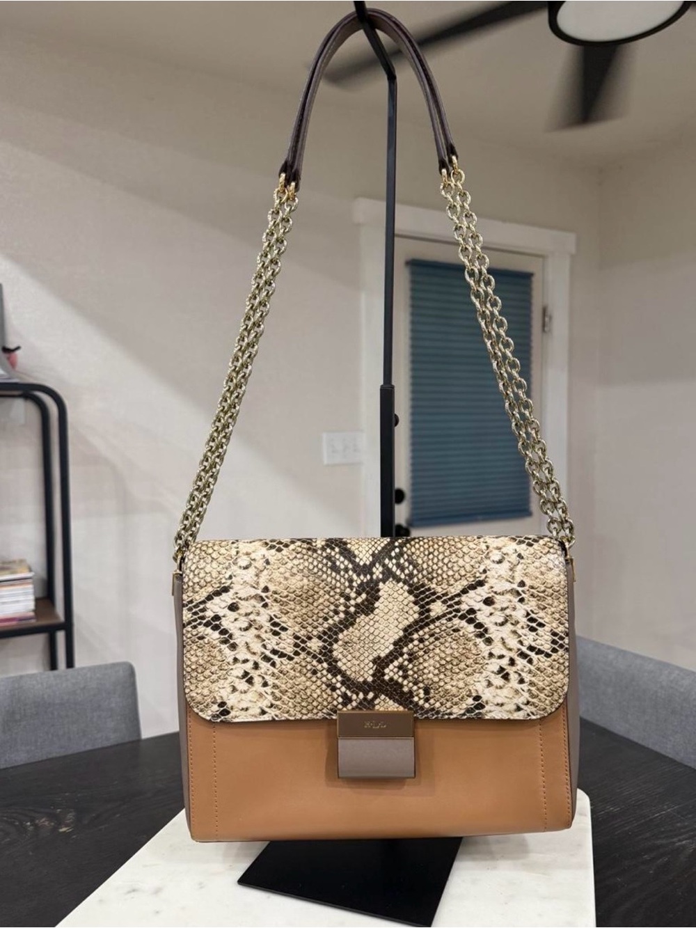 RRL Lauren Ralph Lauren Tan and Python-Print Shoulder Bag with Chain Strap